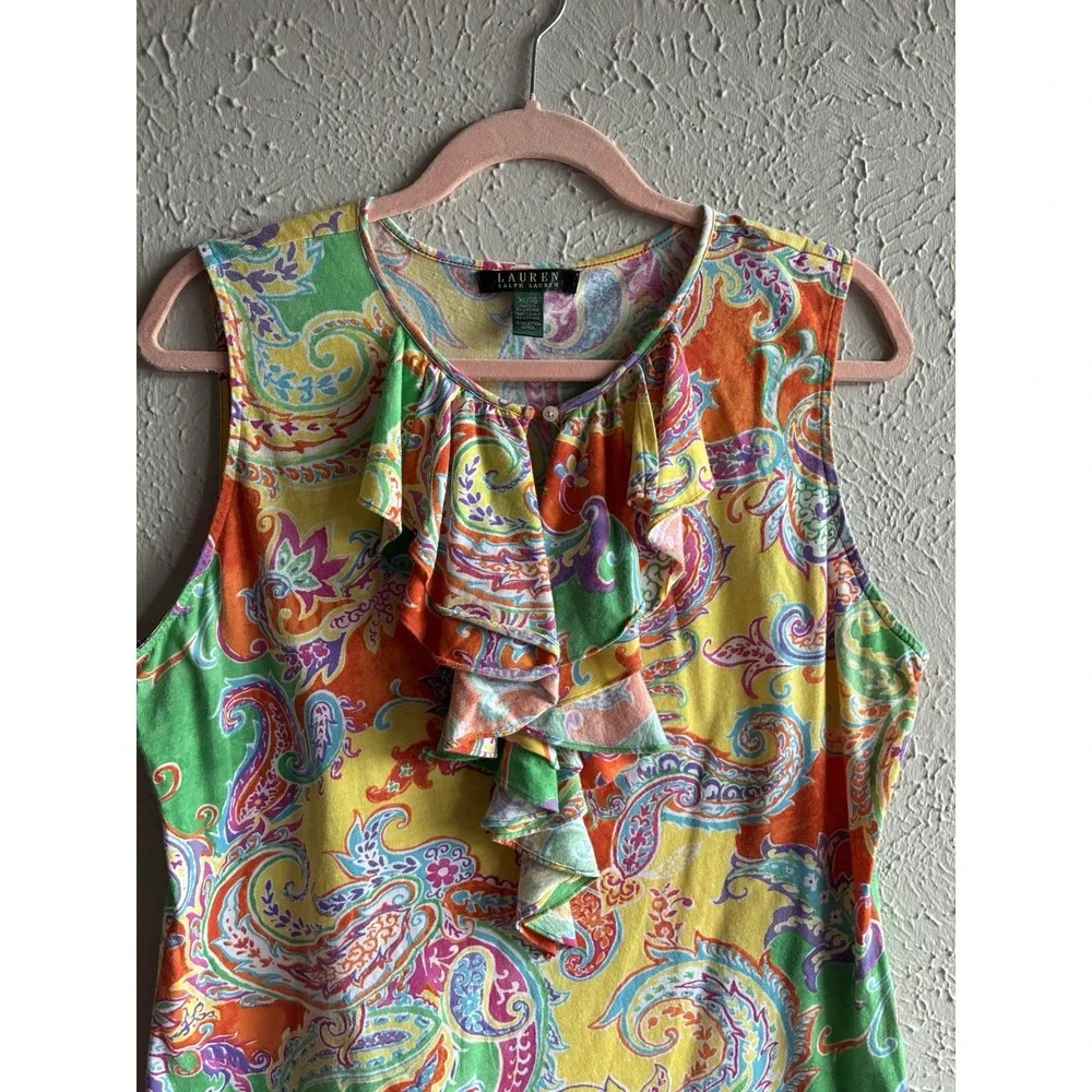Lauren Ralph Lauren XL Paisley Ruffle Sleeveless Blouse Colorful Cotton Top - Picture 8 of 11